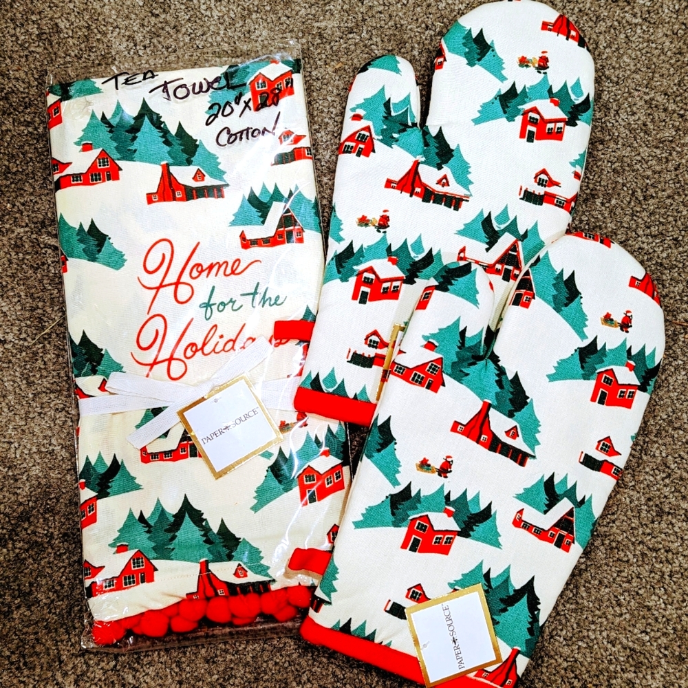 🆕 Paper Source Holiday Tea Towel and Matching Oven Mitts.